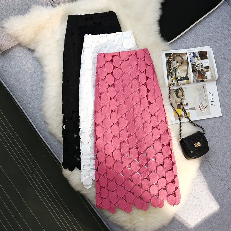 Jupes mi-longues à pois 3D pour femmes, taille haute élégante, conception creuse, jupes droites décontractées d'été, streetwear solide, fermeture éclair N487 2