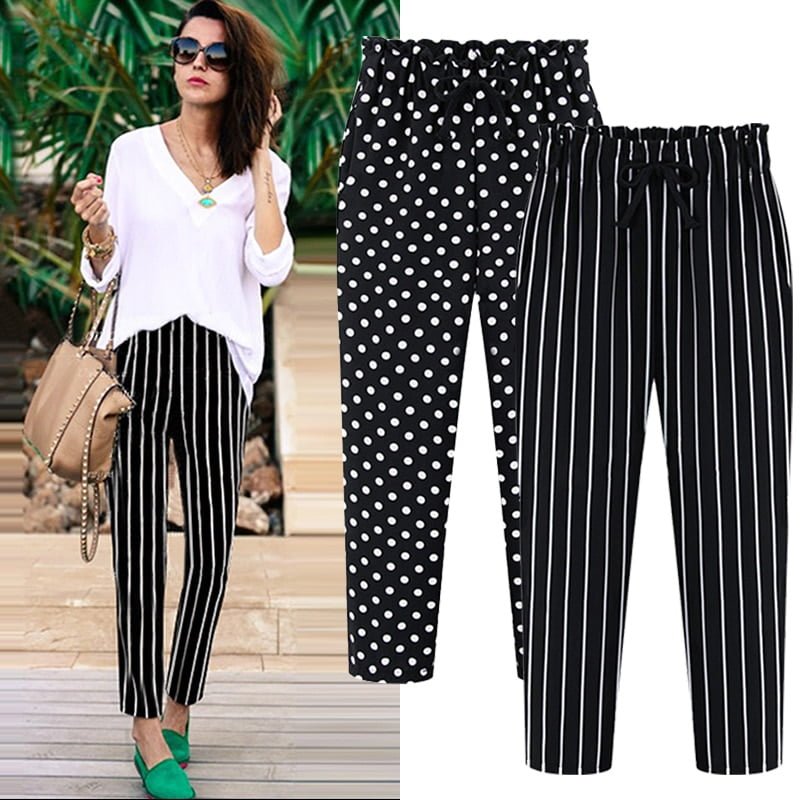 Été grande taille en mousseline de soie Harem pantalon gros MM Vertical rayé pantalon taille haute femmes imprimer à pois cheville pantalon 200 livres 2