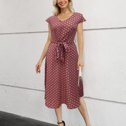 Finjani-Robe mi-longue imprimée à pois pour femmes, robes ceinturées, col en V, ourlet à volants, manches volantes, été, nouveau, 2023 1