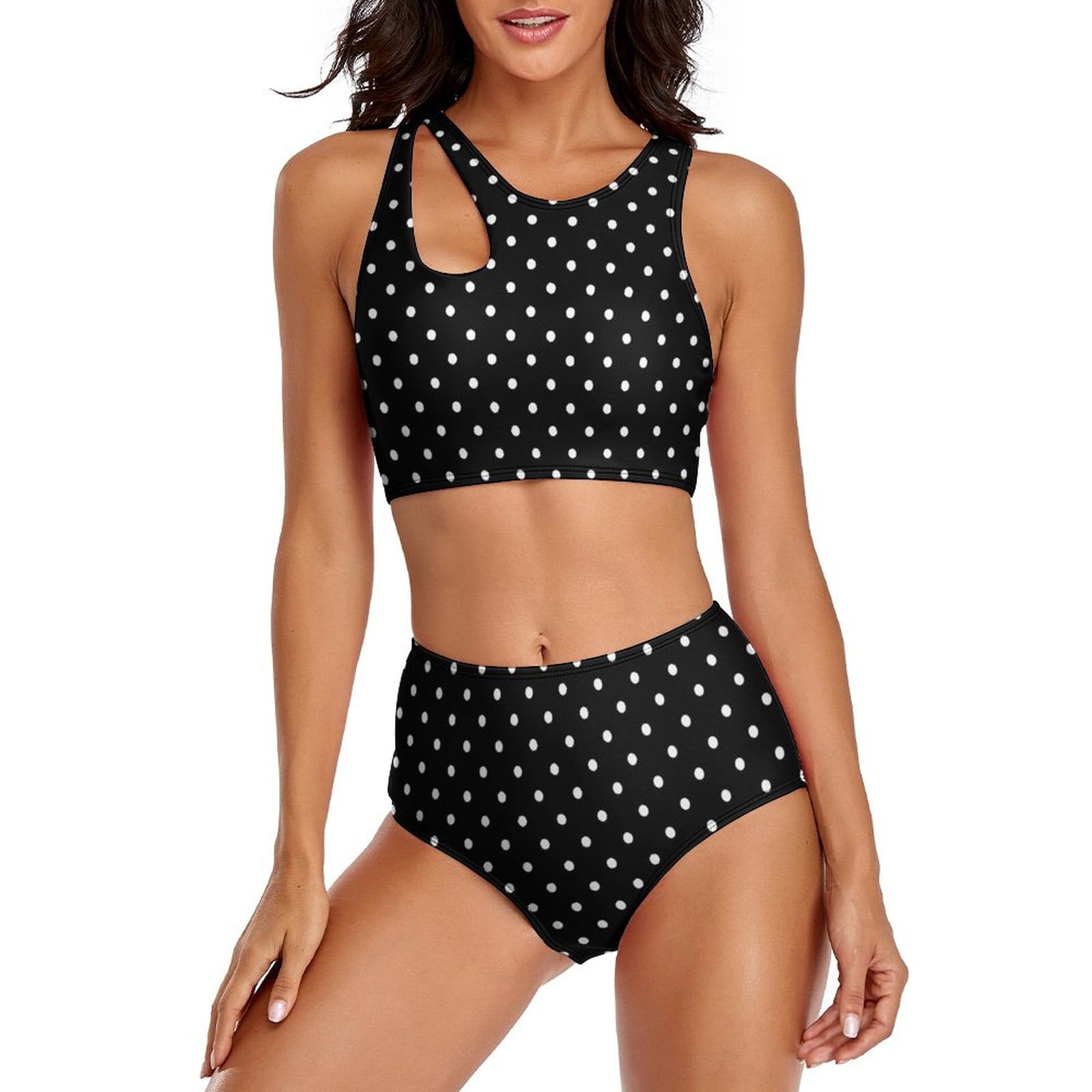 Maillot de bain noir à pois, sexy, imprimé vintage, tendance, taille haute, bikini personnalisé, ensemble deux pièces, échancré 2