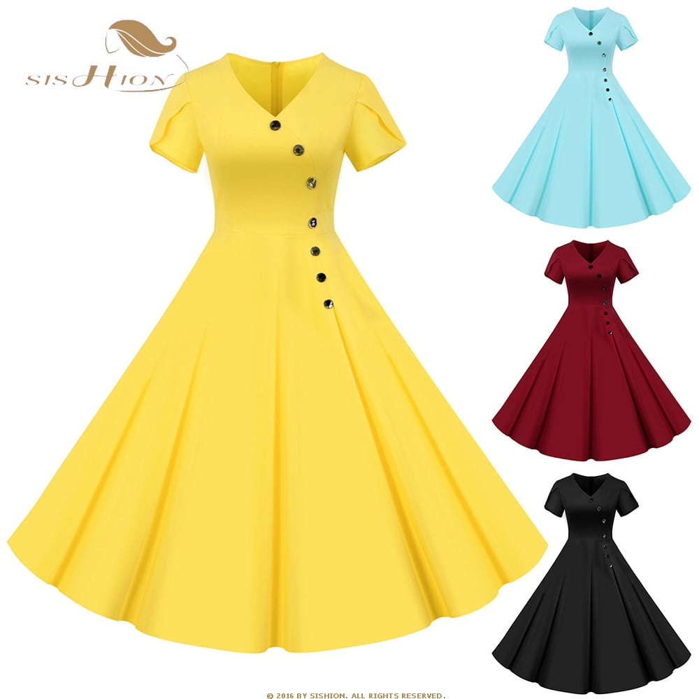 SISHION-Robe trapèze mi-longue à col en V pour femme, robe trapèze décontractée, mode vintage des années 60, jaune uni, noir, été, SR0025, 2023 1