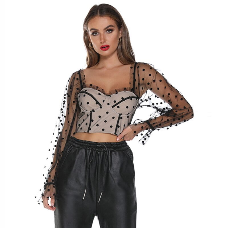 PerconsiderY2k-T-shirt manches trompent à pois pour femme, haut sexy, couture, nombril exposé, fil net, été, nouveau, 2021 2