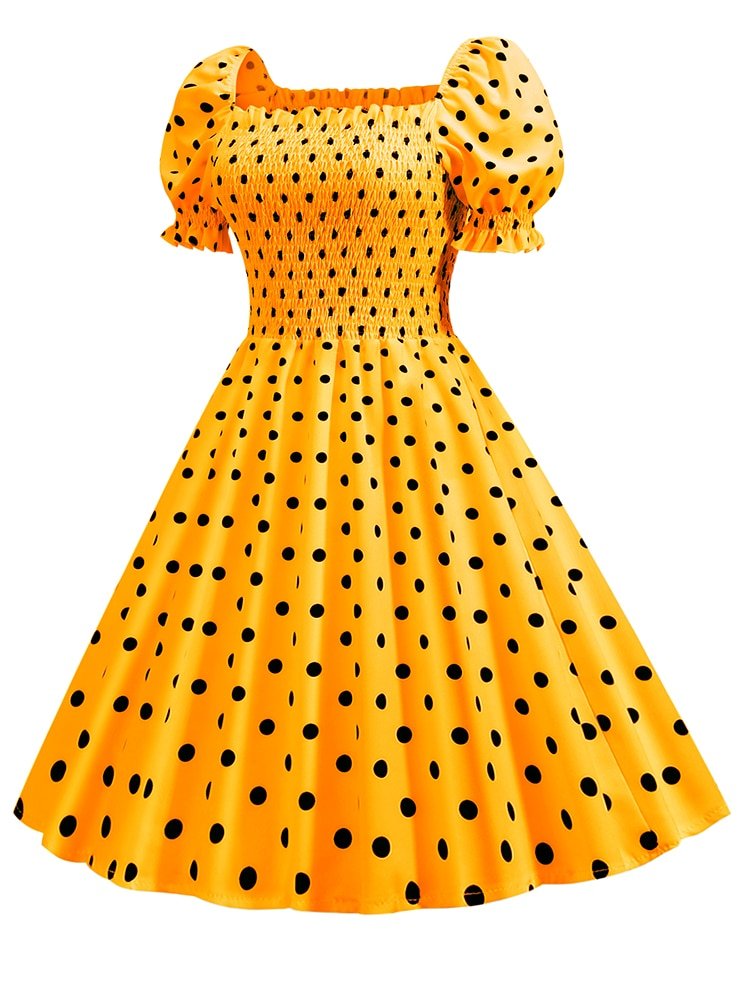 Robe de soirée élégante à pois pour femme, manches courtes bouffantes, col carré, taille élastique, vintage, midi, décontracté, plage, été 2