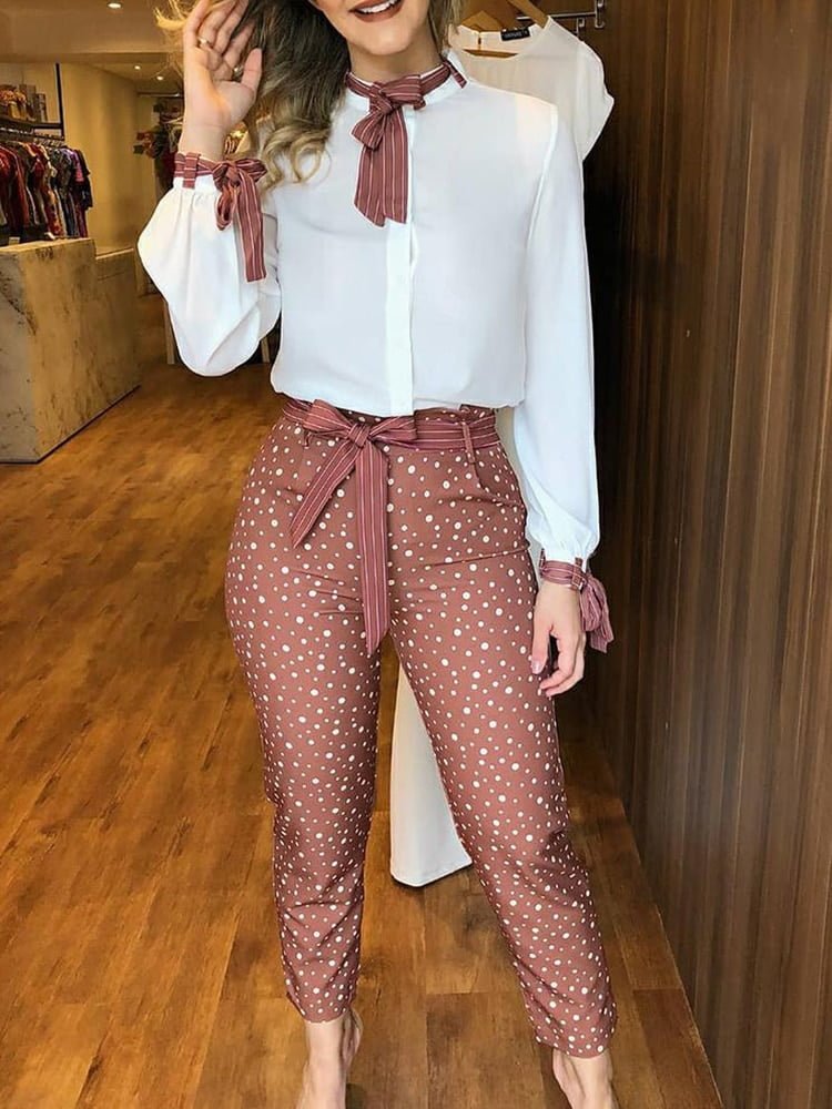 Ensemble haut noué et pantalon imprimé à pois pour femmes, tenues décontractées, vêtements de travail de bureau, ensemble 2 pièces 1