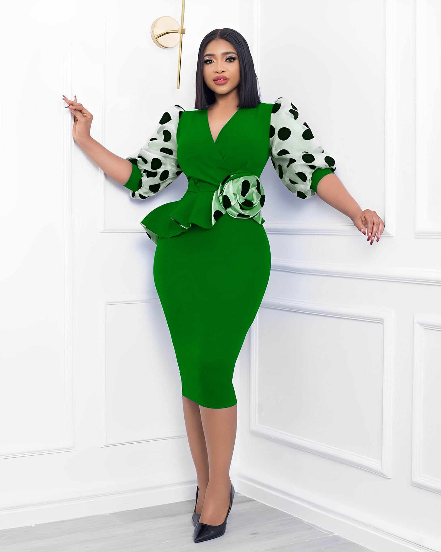 Robe crayon à manches bouffantes pour femmes, panneau tricoté, imprimé à pois 2