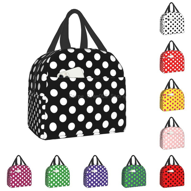 Sac à Lunch Noir et Blanc à Pois pour Femme, Portable, Isolé, Thermique, Glacière, Boîte, Travail, École, Voyage, Pique-Nique 1