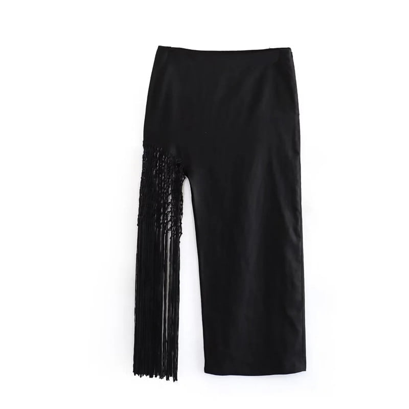 TRAF-Jupes longues noires à pampilles pour femmes, jupe midi taille haute avec fente, streetwear élégant, ensembles d'été, mode 2023 2