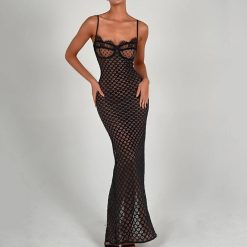 Robe longue en dentelle à pois pour femmes, bretelles spaghetti, imprimé, robe maxi, dos nu, robe de soirée sexy, élégante, nouvelle mode 1