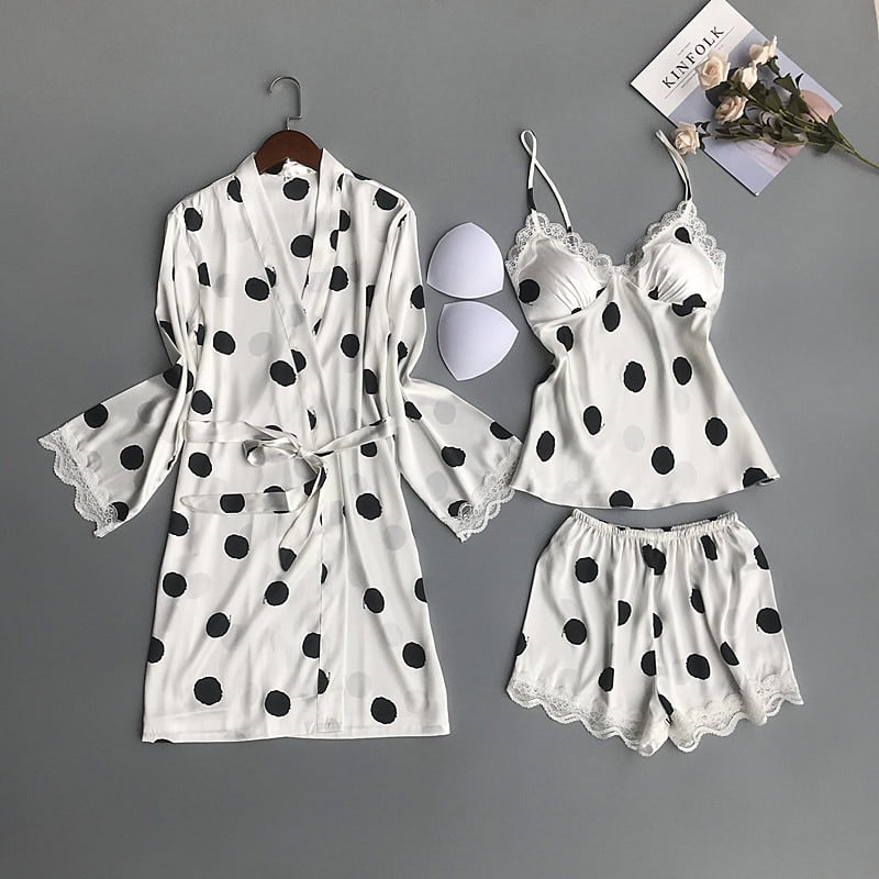 QWEtransmith-Ensemble de pyjama décontracté en satin pour femme, vêtements de nuit mignons à pois, coussinets de poitrine, 2 pièces 2
