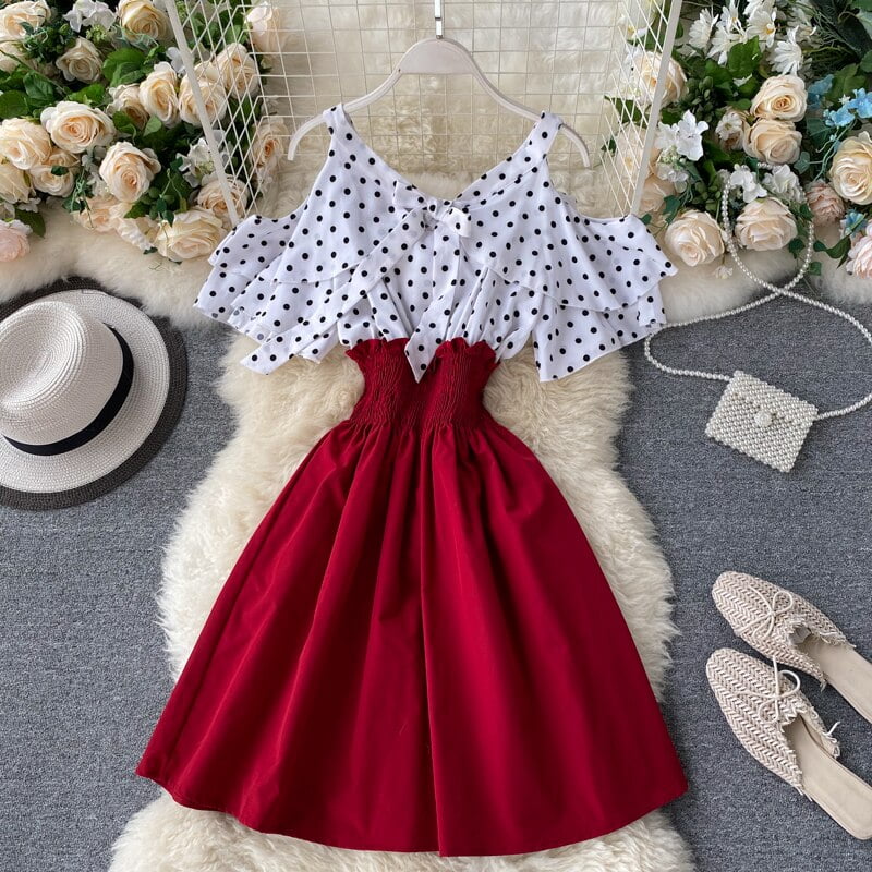 Boho-Robe courte à volants pour femmes, sexy, à pois, patchwork, taille fine, éducative, décontractée, robe de plage, été 2