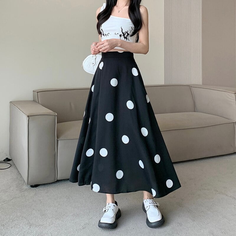 TISENA-Jupe longue en mousseline de soie à pois pour femme, avec poches élégantes, ligne A, taille haute, blanche, printemps été 2023 2