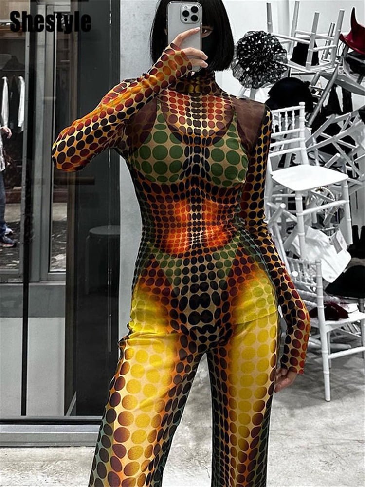 ShKouDot-T-shirt à col roulé transparent en maille pour femme, manches longues, pantalon évasé, extensible, image thermique, maigre, ensemble 2 pièces 2