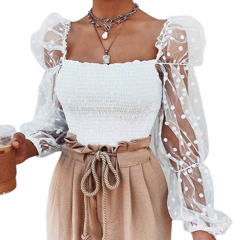 T-shirt transparent en dentelle à pois pour femme, manches longues bouffantes, vêtements élégants, t-shirts élastiques, streetwear sexy, été et automne 2