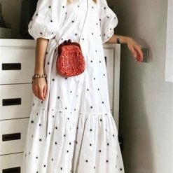 Eotvotee-Robe blanche à pois pour femmes, col montant, manches courtes, taille adt, robes d'été chics, robe décontractée élégante, nouveau, 2023 1