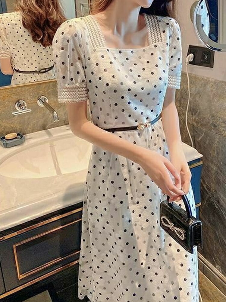 Independance-Jupe trapèze à pois avec ceinture, manches courtes, col carré, taille en gaze, fouet fin, robe midi blanche de luxe, été, nouveau 2