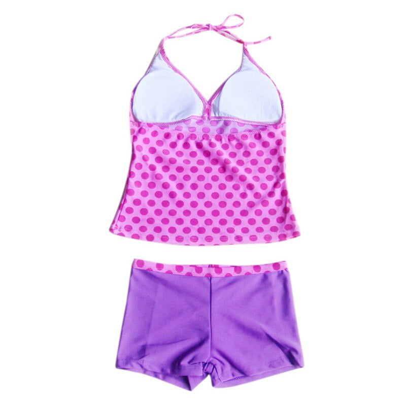 TiaoBug-Maillot de bain pour enfants et adolescents, tankini violet à pois, col licou, short de bain pour filles, ensemble bikini, bain trempé, été 2