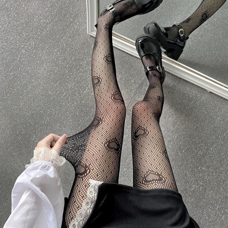 Collants résille en maille pour filles japonaises, collants Lolita Ins, collants blancs pour femmes, leggings d'été sexy, coeur et fleur 1