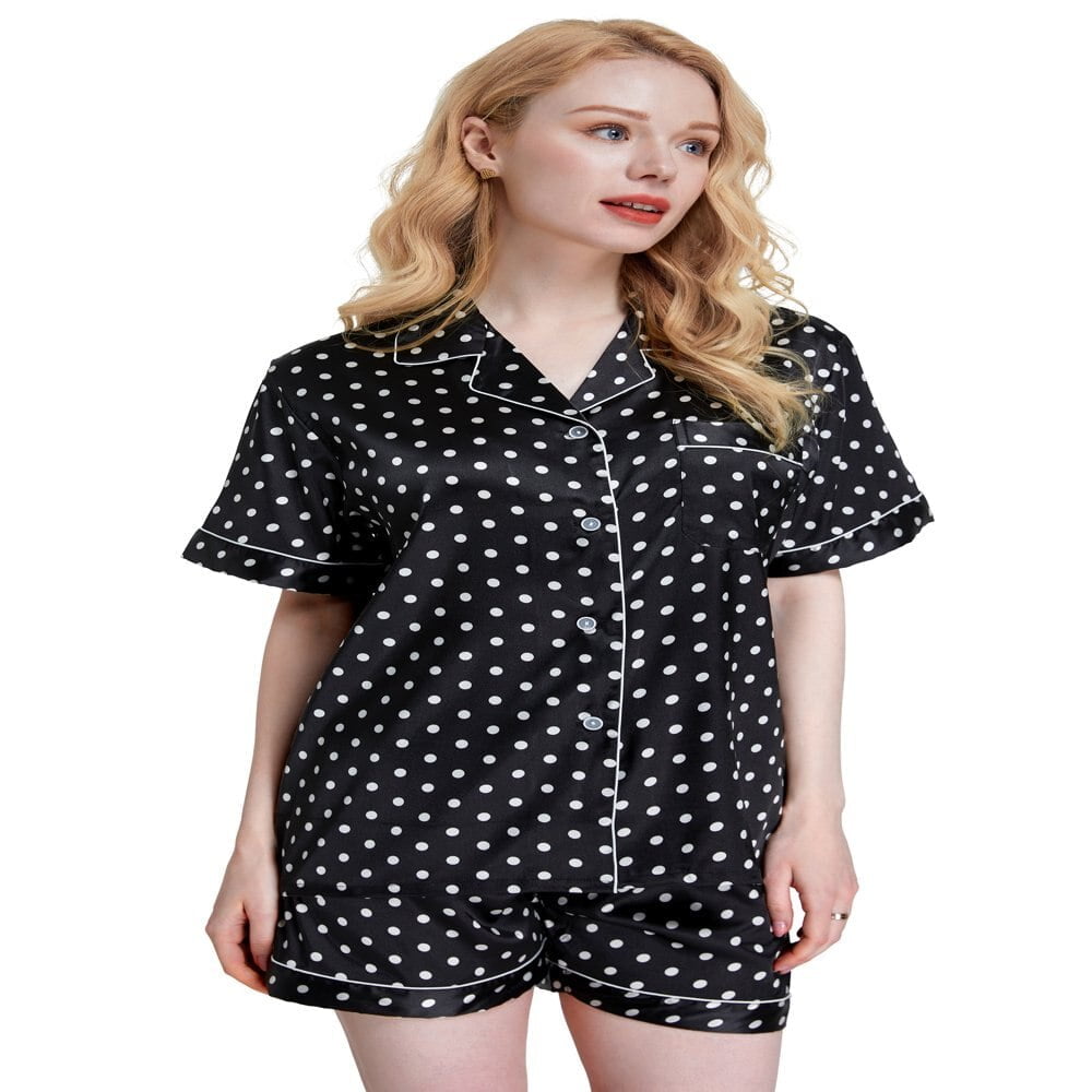 Ensemble de pyjama classique en satin à manches courtes pour femmes, vêtements de nuit pour adultes, noir, pois blancs, XL 2