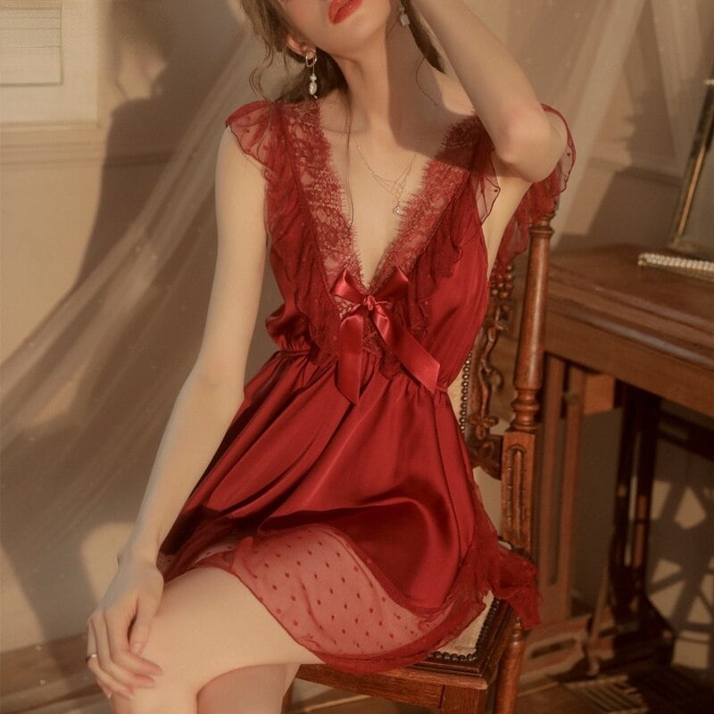 Vêtements de nuit Sexy en dentelle ajourée, nuisette fine et glissante en soie glacée, sous-vêtements Sexy pour femmes 2