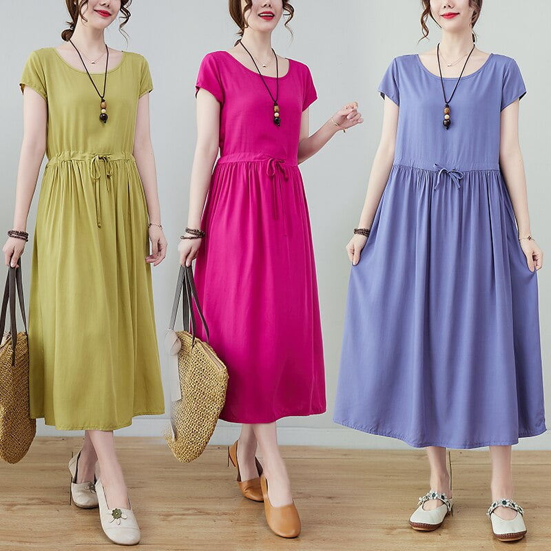 Robe mi-longue en coton à pois pour femmes, tenue d'été élégante, ample et décontractée, col rond, nouvelle collection 2023 2