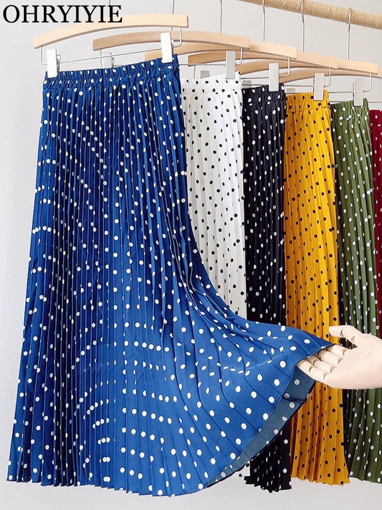 OHRYIYIE printemps été à pois jupe plissée Midi femmes taille haute Vintage jupe femme mode coréenne all-match jupe femmes 1