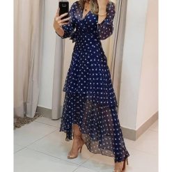 Robe bleue décontractée à manches longues pour femmes, imprimé Floral à pois, col en v, taille haute, grande taille, vêtements de bureau 1