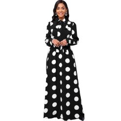 Robe longue à manches longues pour femme avec nœud papillon, pois, robe éducative pour fille, élégante robe maxi pour femme, décontractée et élégante 1