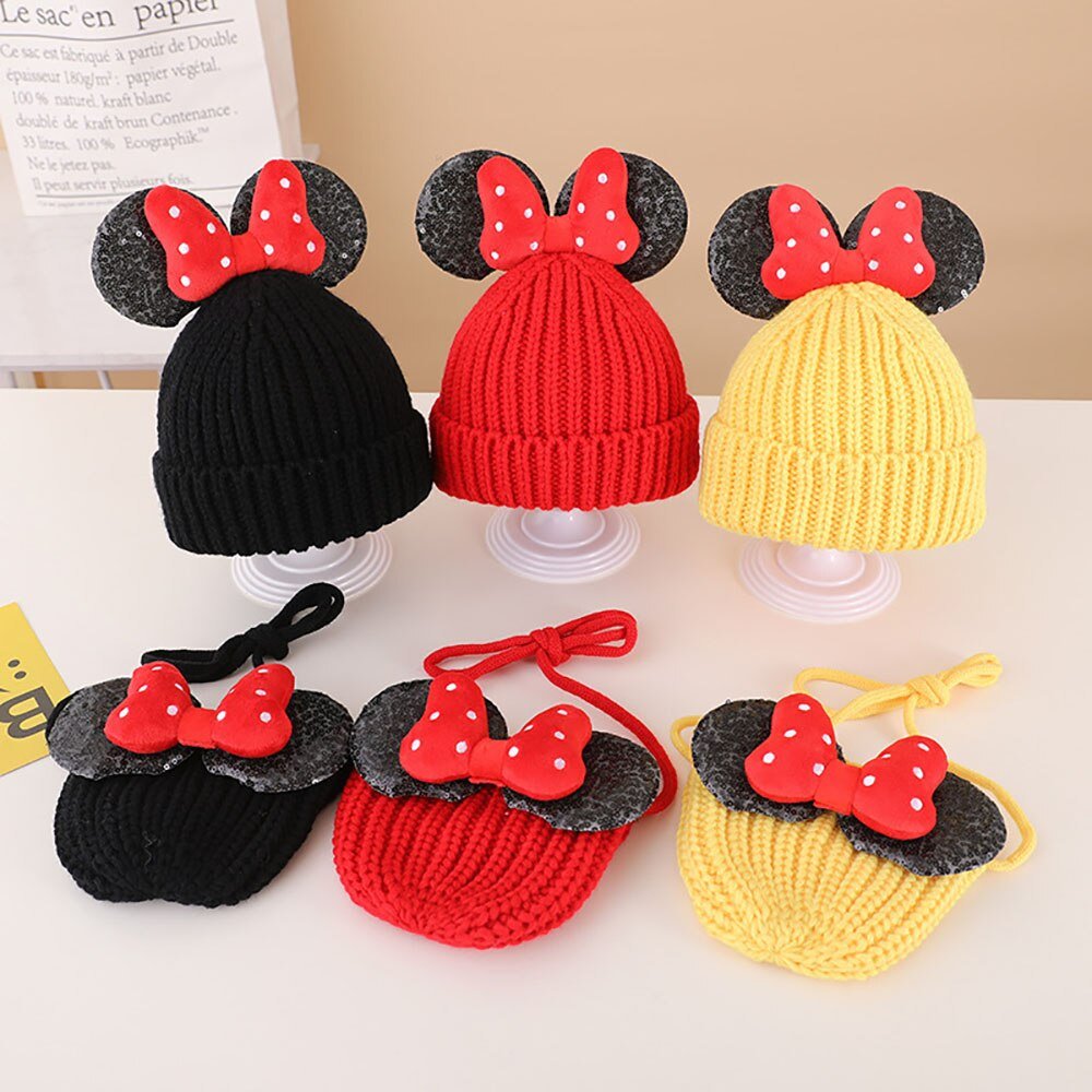 Disney-Bonnets Minnie avec nœud papillon pour enfants, chapeaux pour filles, casquettes mignonnes, document solide, ensemble de sacs, cadeaux chauds pour enfants, hiver 2