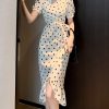 Robe sirène en Satin blanc à pois, manches courtes, col en v, Midi, Chic, à volants, mode coréenne élégante, été, 2023 1
