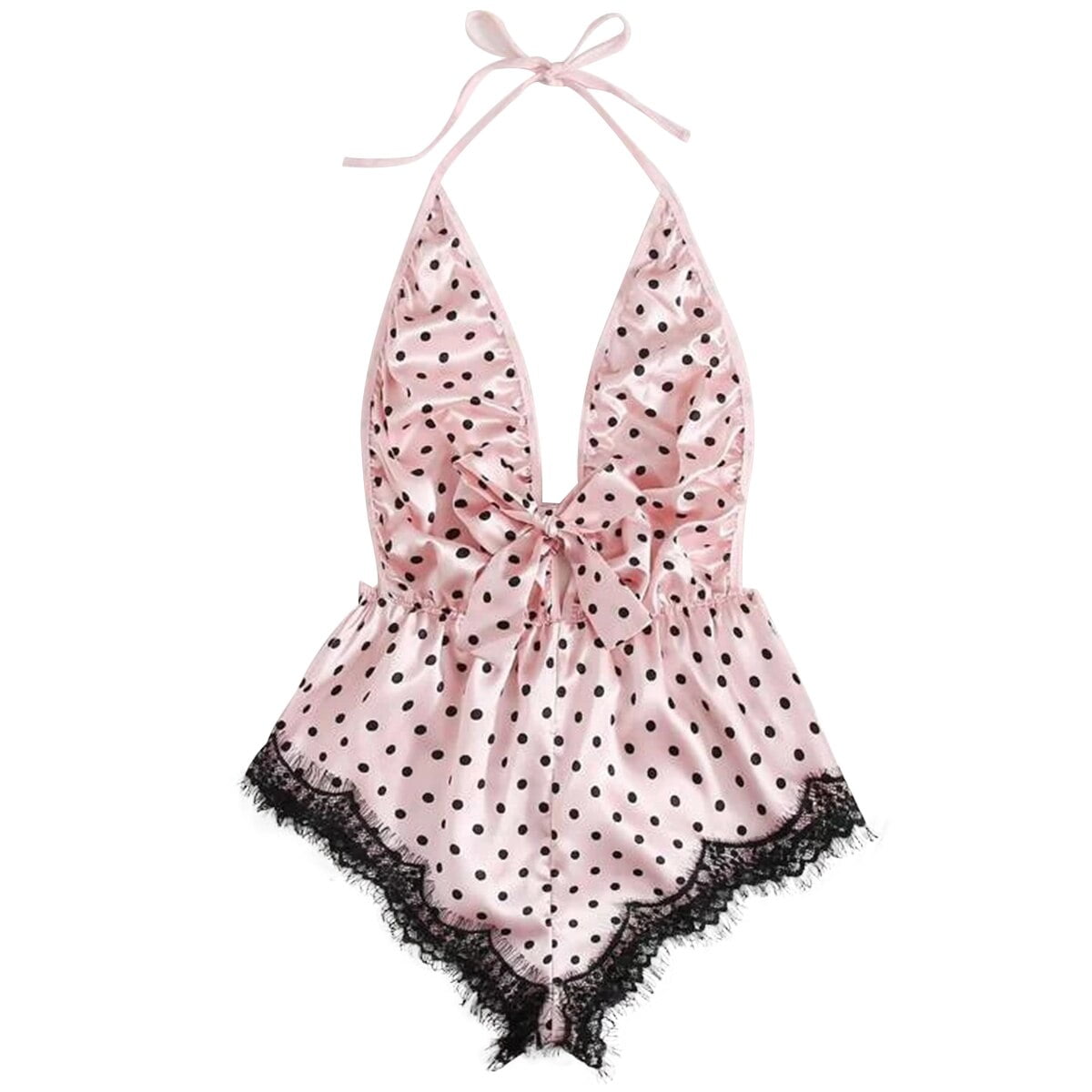 Nuisette dos nu rose à pois pour femmes, barboteuses sexy, olympiques de batterie, dentelle à lacets, patchwork, nuisette, lingerie, vêtements de nuit, doux, mignon 2