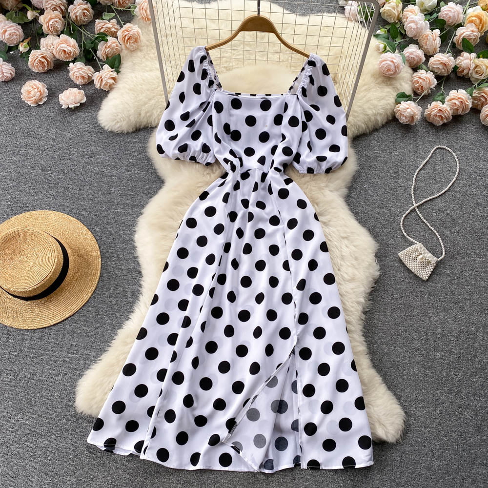 YuooMuoo-Robe trapèze à manches bouffantes pour femmes, imprimé à pois, vintage, élégant, fendu, coréen, fête éducative, nouveauté, été, 2023 2