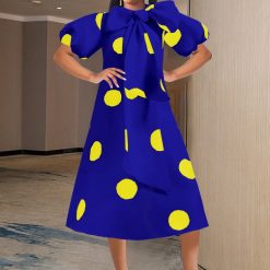Robe mi-longue à manches bouffantes et imprimé à pois jaunes, robe trapèze élégante avec grand nœud, belle tenue de soirée, fête d'anniversaire, quelle que soit la tenue d'été 1