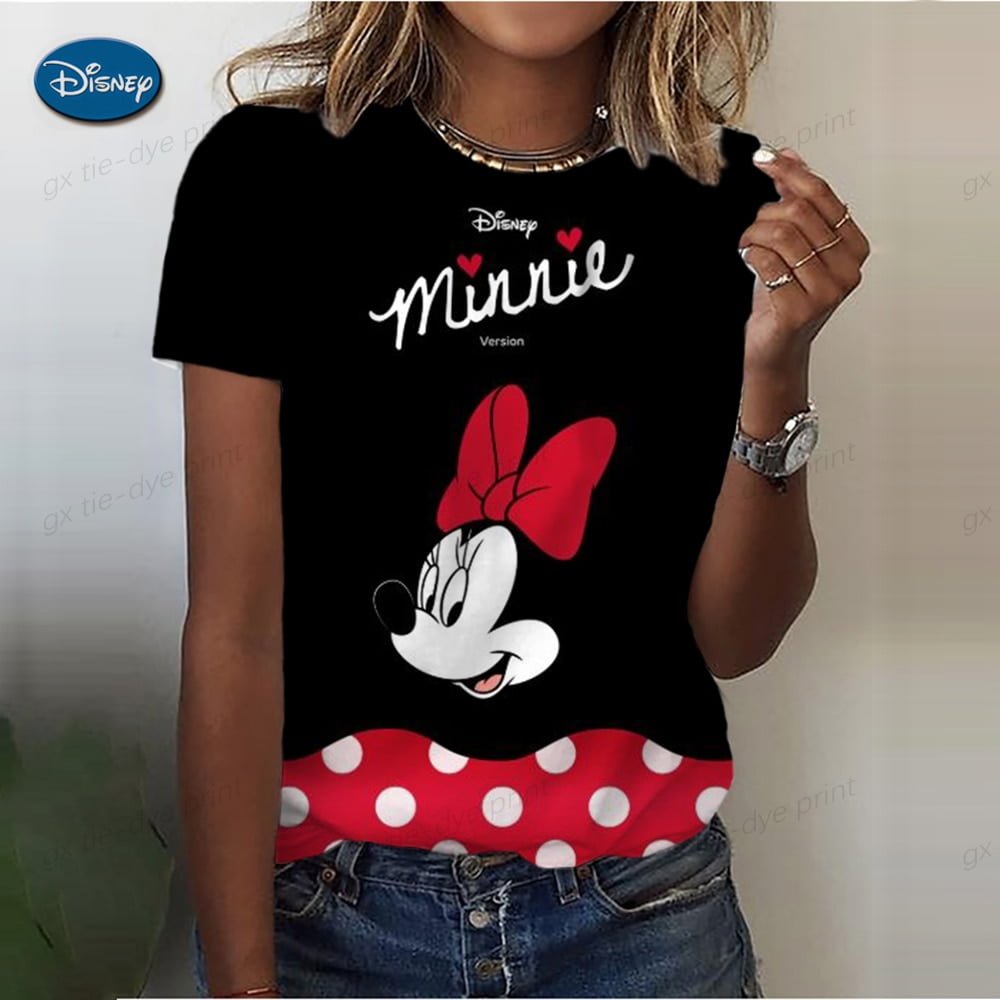 T-shirt imprimé Disney Minnie pour femme, col rond, décontracté, dessin animé, rue, été, nouveau, 2023 2