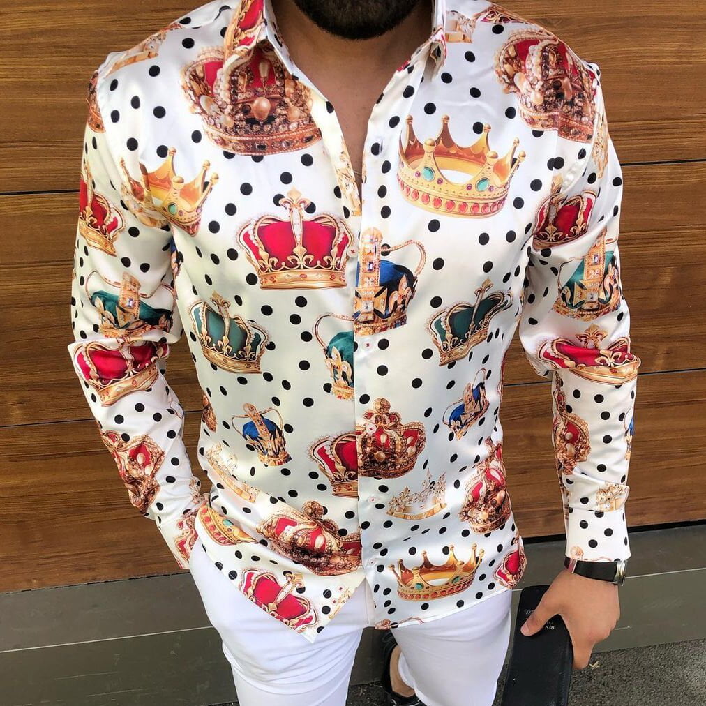Chemise soyeuse à manches longues pour hommes, imprimé fleuri couronne à pois, mode décontractée, 2022 1