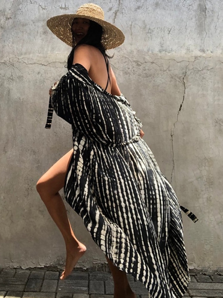 Robe de plage Kimono noire pour femmes, Cover-up pour les maillots de bain, teinture par nouage, Cape, vêtements d'été, soldes, 2022 3