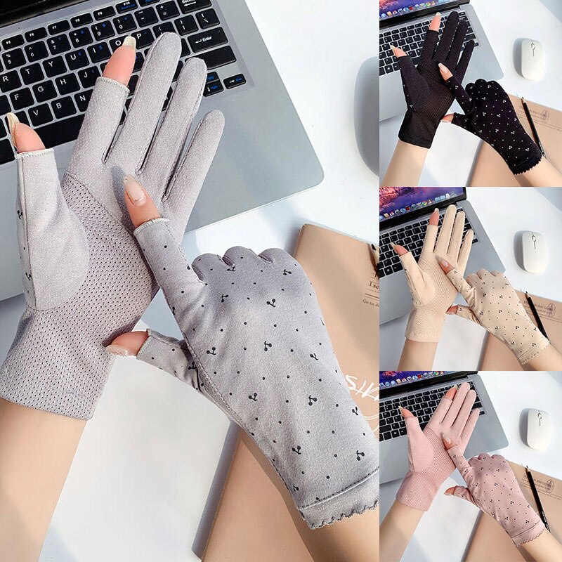 Gants de cyclisme antidérapants à pois pour femmes, protection solaire extensible, mitaines respirantes en coton, printemps et été 2