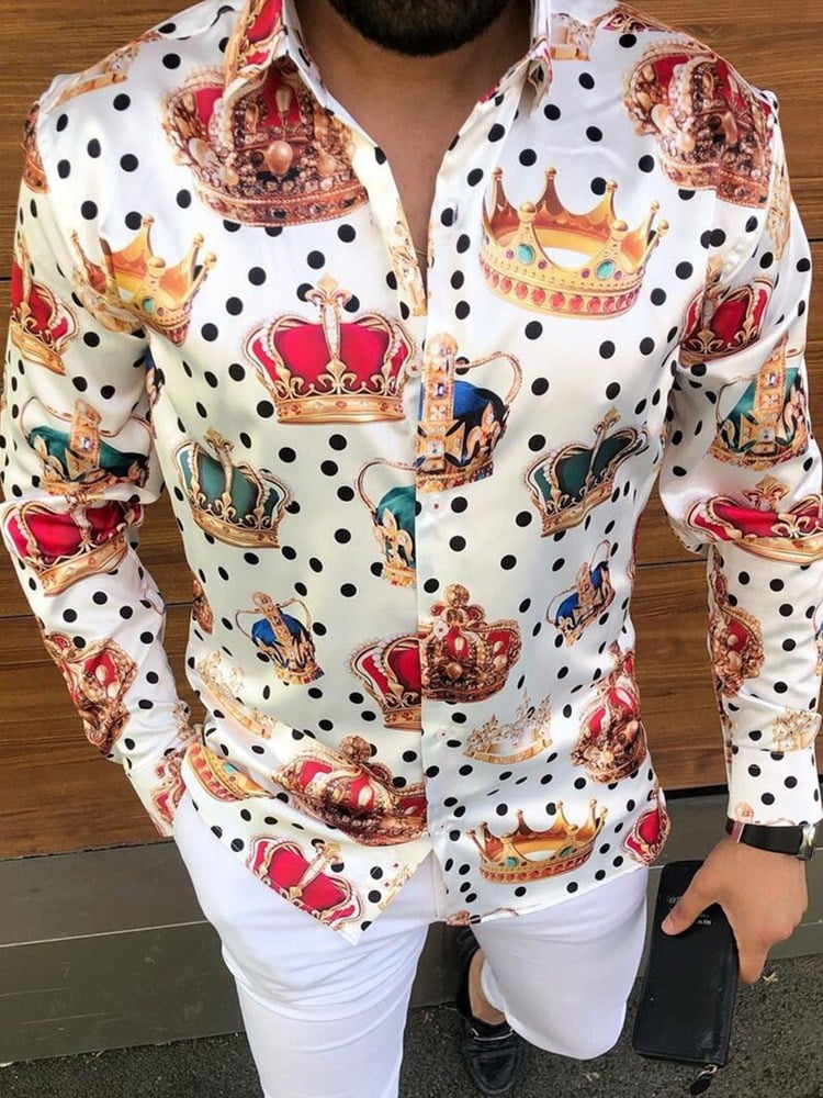 Chemise soyeuse à manches longues pour hommes, imprimé fleuri couronne à pois, mode décontractée, 2022 2