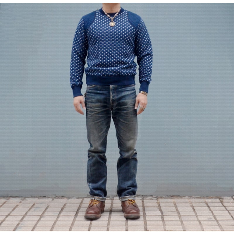 Pull Vintage Étoile Ras Du Cou Homme Indigo - Amekaji