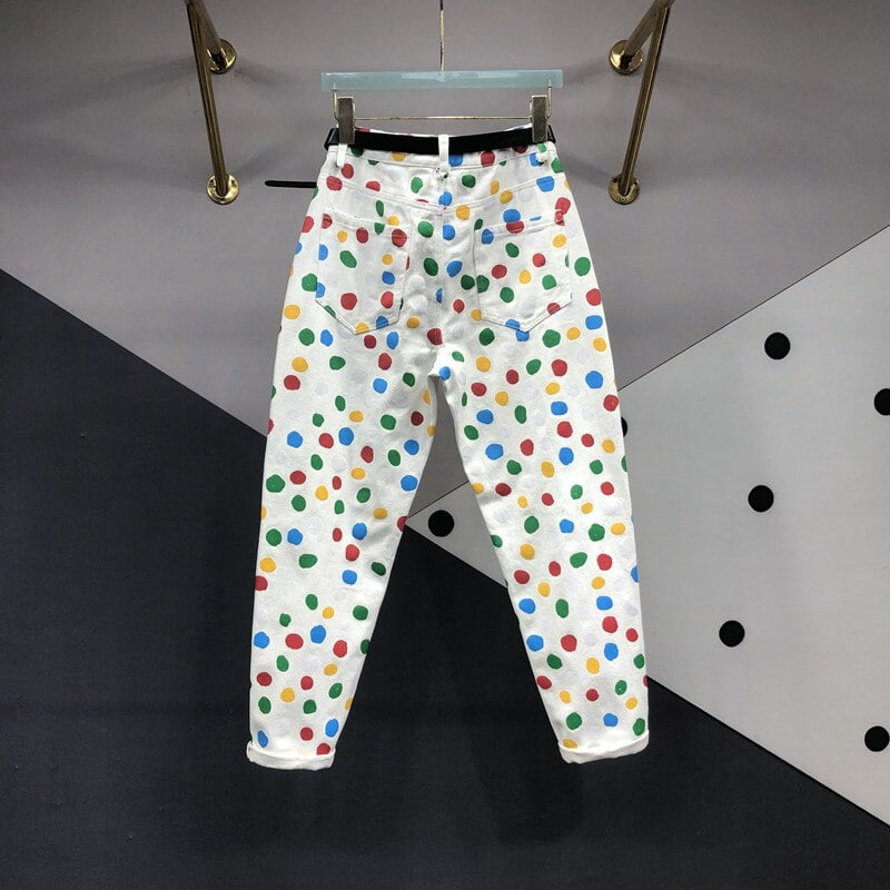 Jeans à pois colorés pour femmes, pantalons en denim sarouel amincissants, taille haute, carotte polyvalente, fjHigh, printemps et été, nouveau, 2023 2