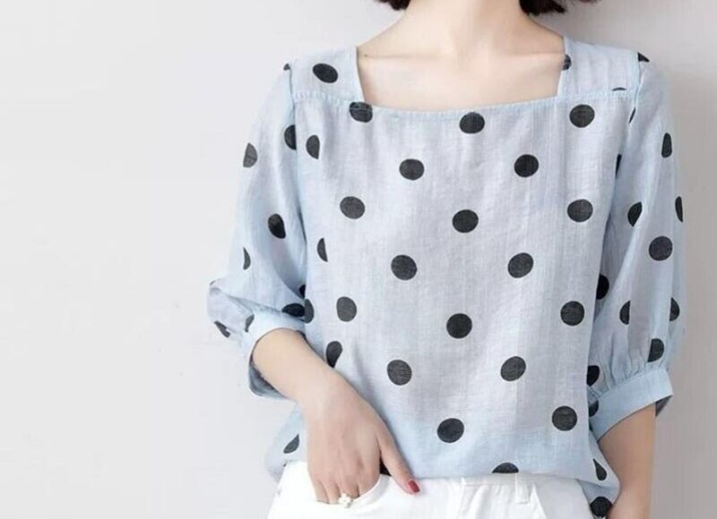 Chemisier à col carré imprimé à pois pour femmes, pulls décontractés élégants, chemise de bureau pour dames, vêtements d'été, nouveau, 2023 1