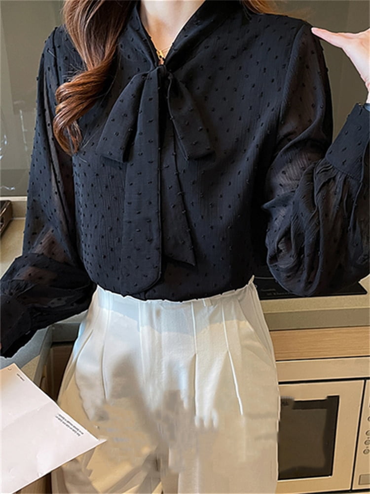 Pokal – chemise en maille à pois pour femme, avec nœud, bouton-Up, mode coréenne, élégante, bureau, manches lanternes, printemps, 2023 2