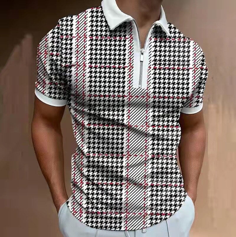 Polos à fermeture éclair à manches courtes pour hommes, motif à carreaux à rayures, imprimé numérique, vêtements décontractés, mode estivale 2