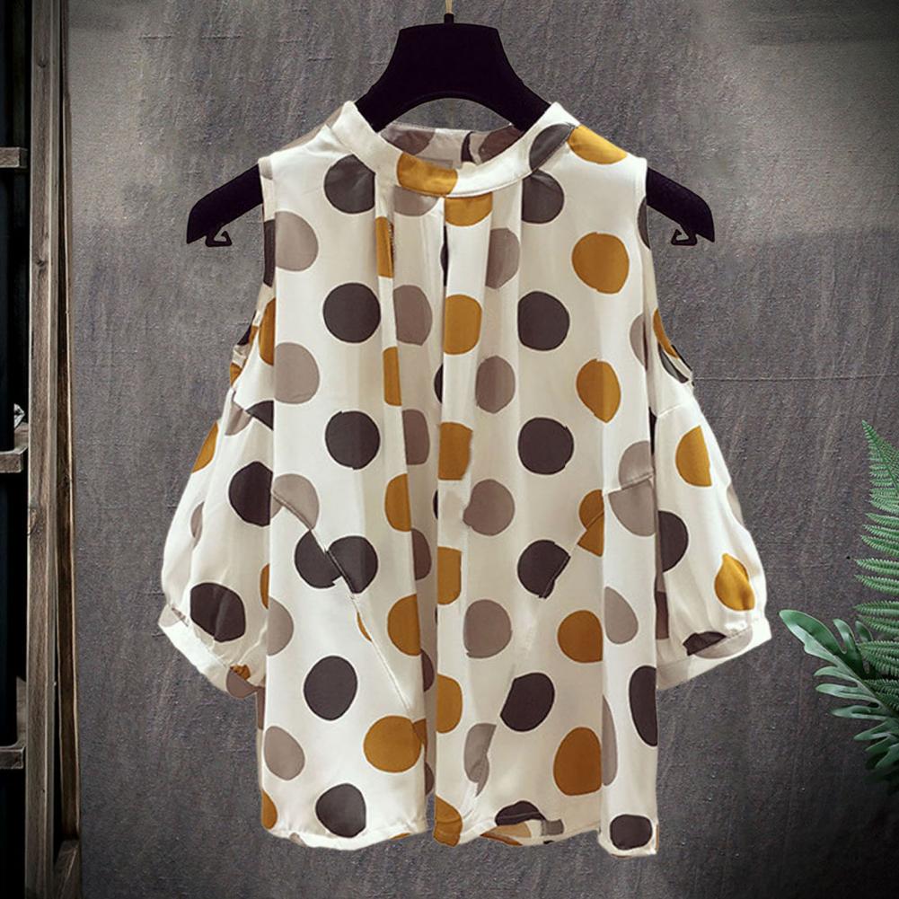 Chemise à manches mi-longues pour femmes, col rond, initié au froid, imprimé à pois, pulls fins et décontractés, streetwear de bureau 2