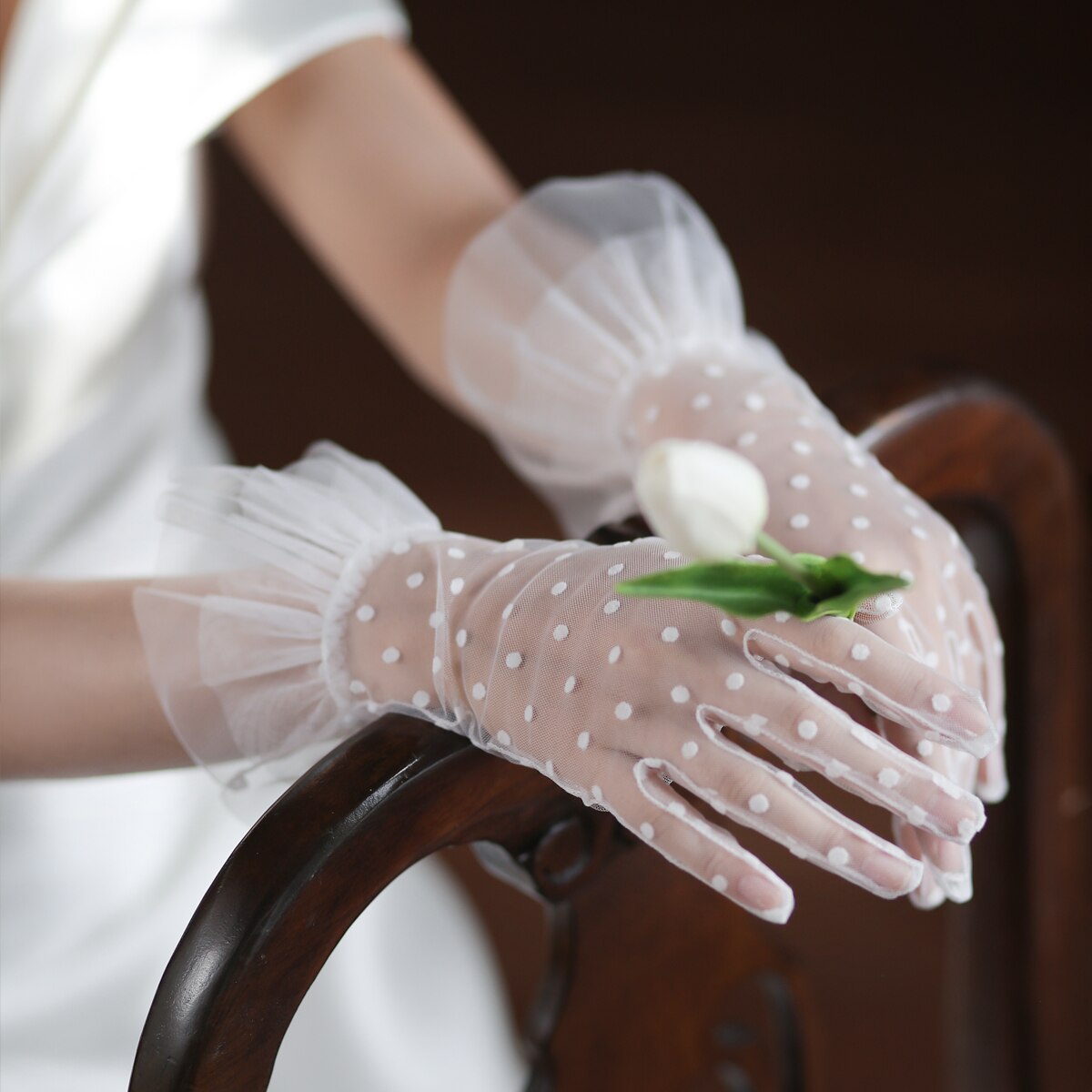 Gants Élégants en Tulle Doux pour Femme, Accessoires de Mariage, à Pois, à Volants, Courts, Blancs, pour Demoiselles d'Honneur, WG063 2