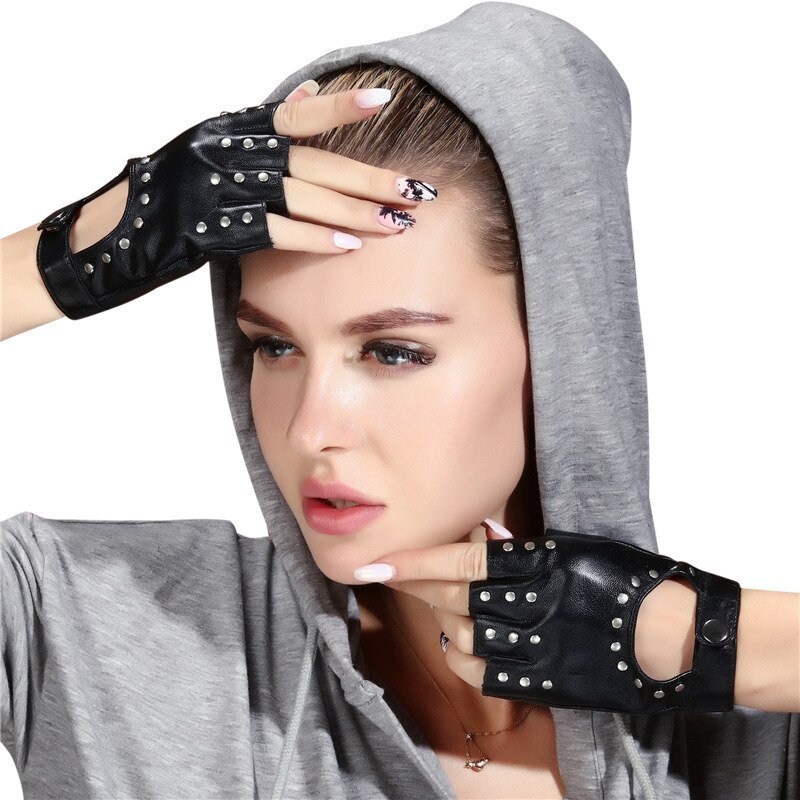 Gants demi-doigt en peau de mouton pour femme, mitaines sans doigts, style court, punk, rivet, performance de danse, fitness, été 2