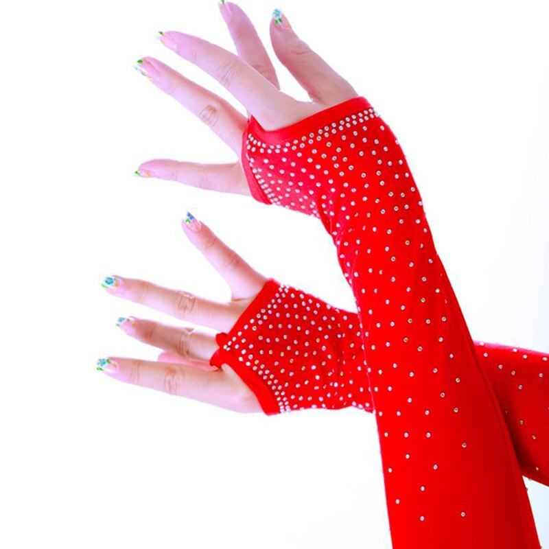 Gants Sexy en dentelle et strass de 42CM de Long pour femmes, Cosplay, plein doigt, discothèque, pôle, danse latine, mitaines, demi-doigt, manches de bras 2