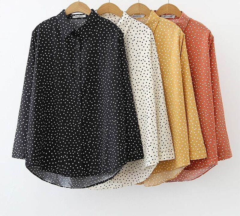 Chemisier en mousseline de soie à pois vintage pour femmes, chemisier décontracté, haut cardigan assressenti, col polo, mode élégante, dames, été, automne 1