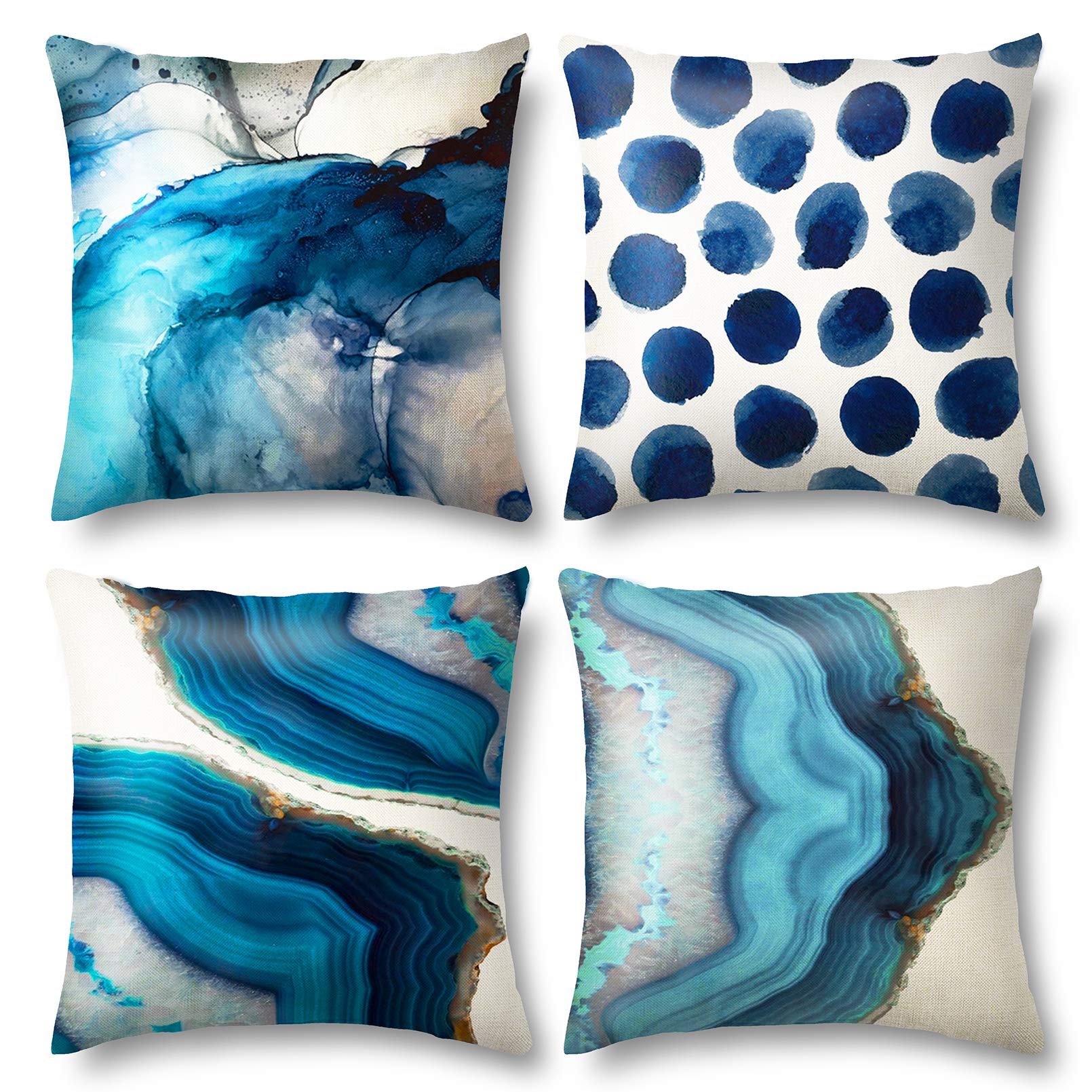 Coussin De Canapé En Lin À Pois, Décoration Maison, Taie En Vêtement Distingué, Traits D'Encre Bleue.