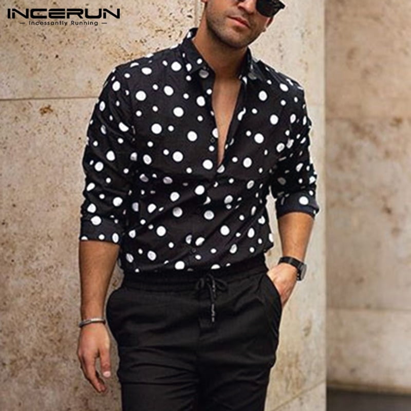 Homme Casual adt Blouse INCERUN Mode Polka Dot Imprimé Chemises Hommes Manches sulfRevers Cou Camisa Loisirs lèvent Chemises S-5XL 2