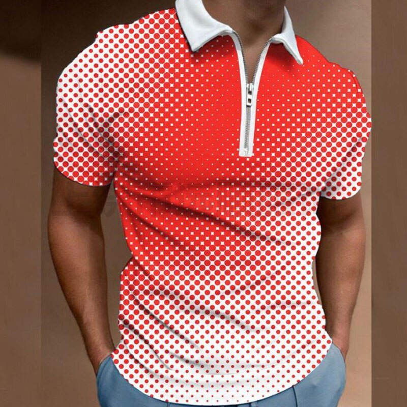 Polos College 3D à pois pour hommes, chemise à manches courtes, fermeture éclair, streetwear décontracté, vêtements à revers, été 2